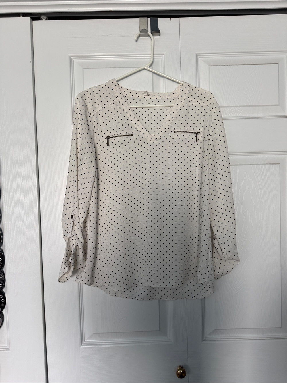 Maurices Cream Polka Dot V-Neck Blouse with Zip Accents